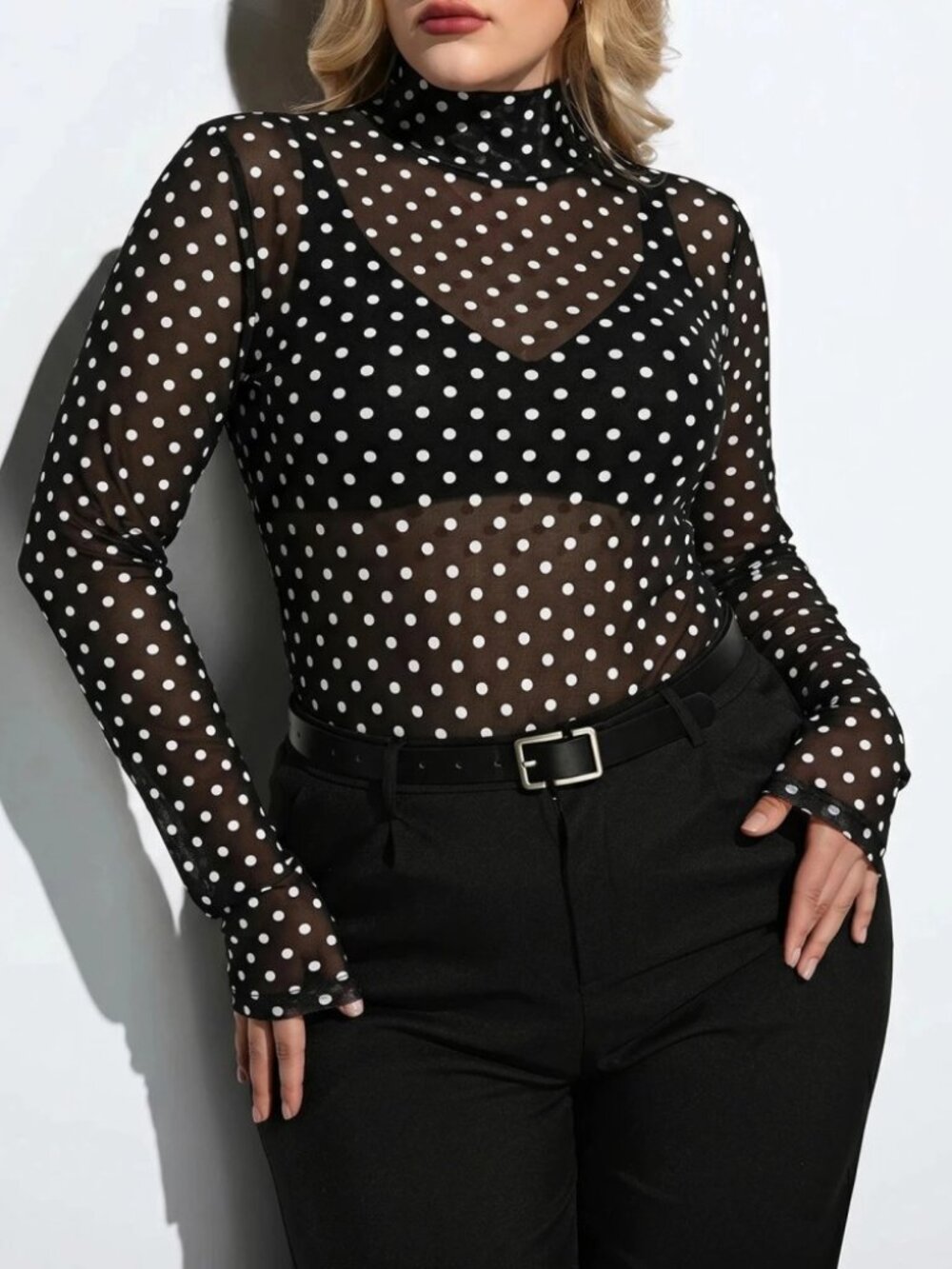 Black Polka Dot Mesh Sheer Turtleneck Top